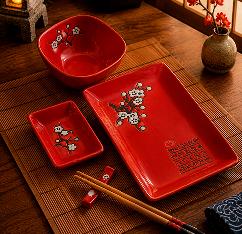conjunto de cerâmica para sushi vermelho